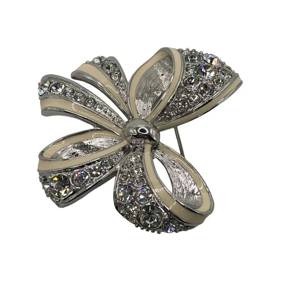 Nolan‎ Miller Bow Pin Brooch Rhinestone Enamel Silver Tone
